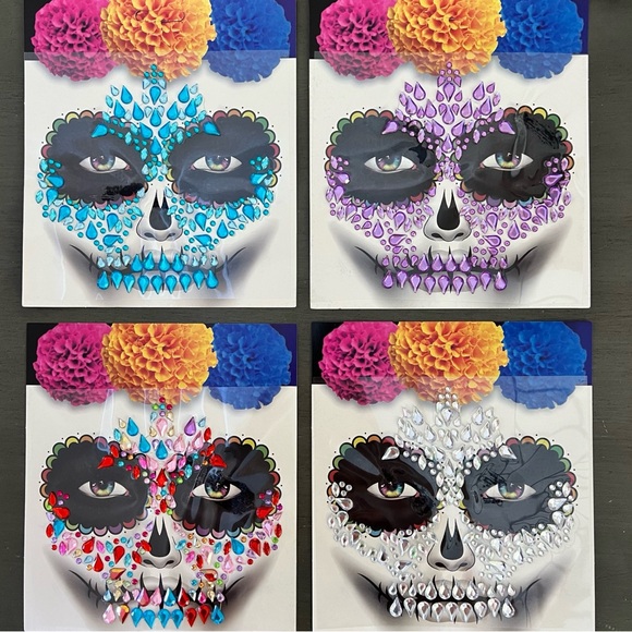 Day of Dead Sugar Skull Catrina Blue Turquoise Rhinestone Sticker Face Jewels - Picture 2 of 2